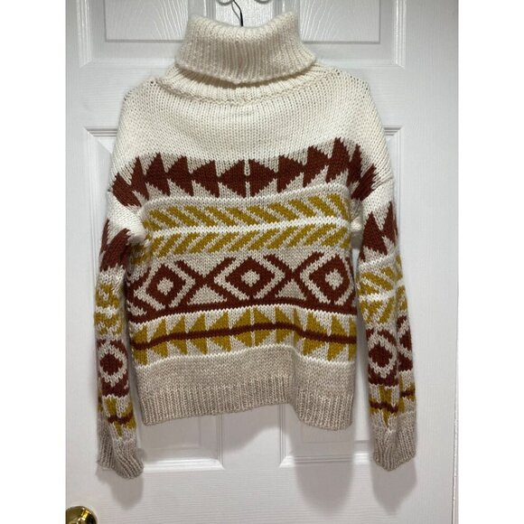 NWT Elsamanda Anthropologie Turtleneck Knit Sweater Size S Ivory Aztec Tribal - Picture 2 of 4